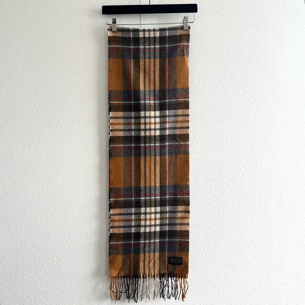 Pendleton Yellow Red Plaid Wool Scarf with Fringe Trim Unisex * FLAWS *